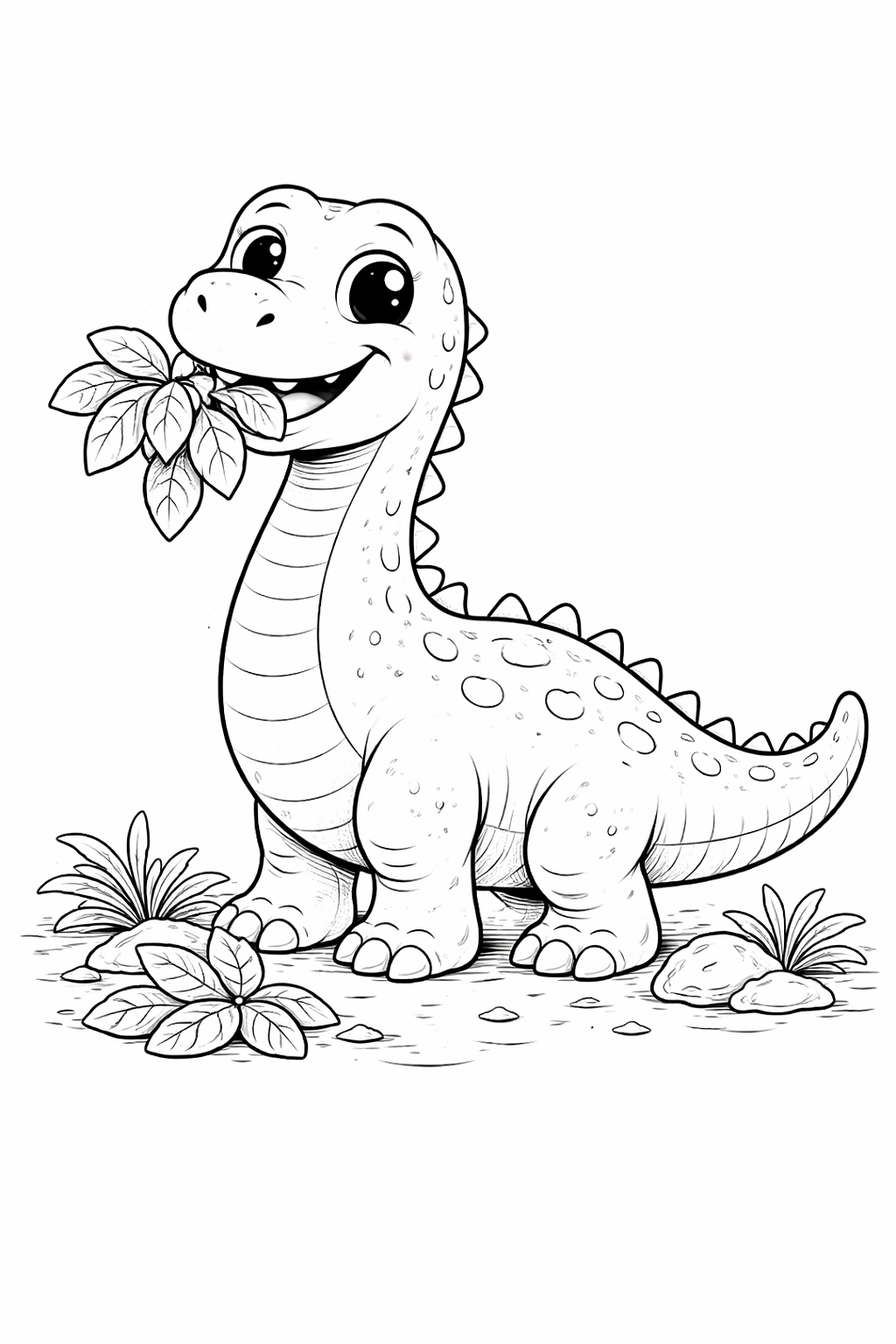 Kleurplaat dino die blaadjes eet