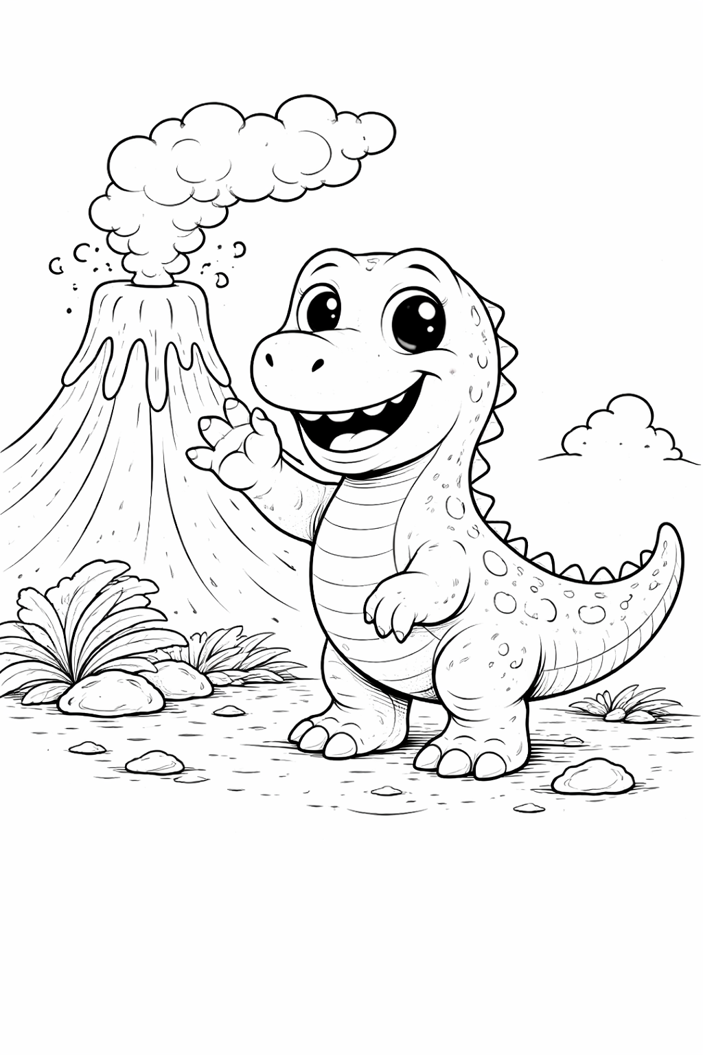 Kleurplaat dino met vulkaan