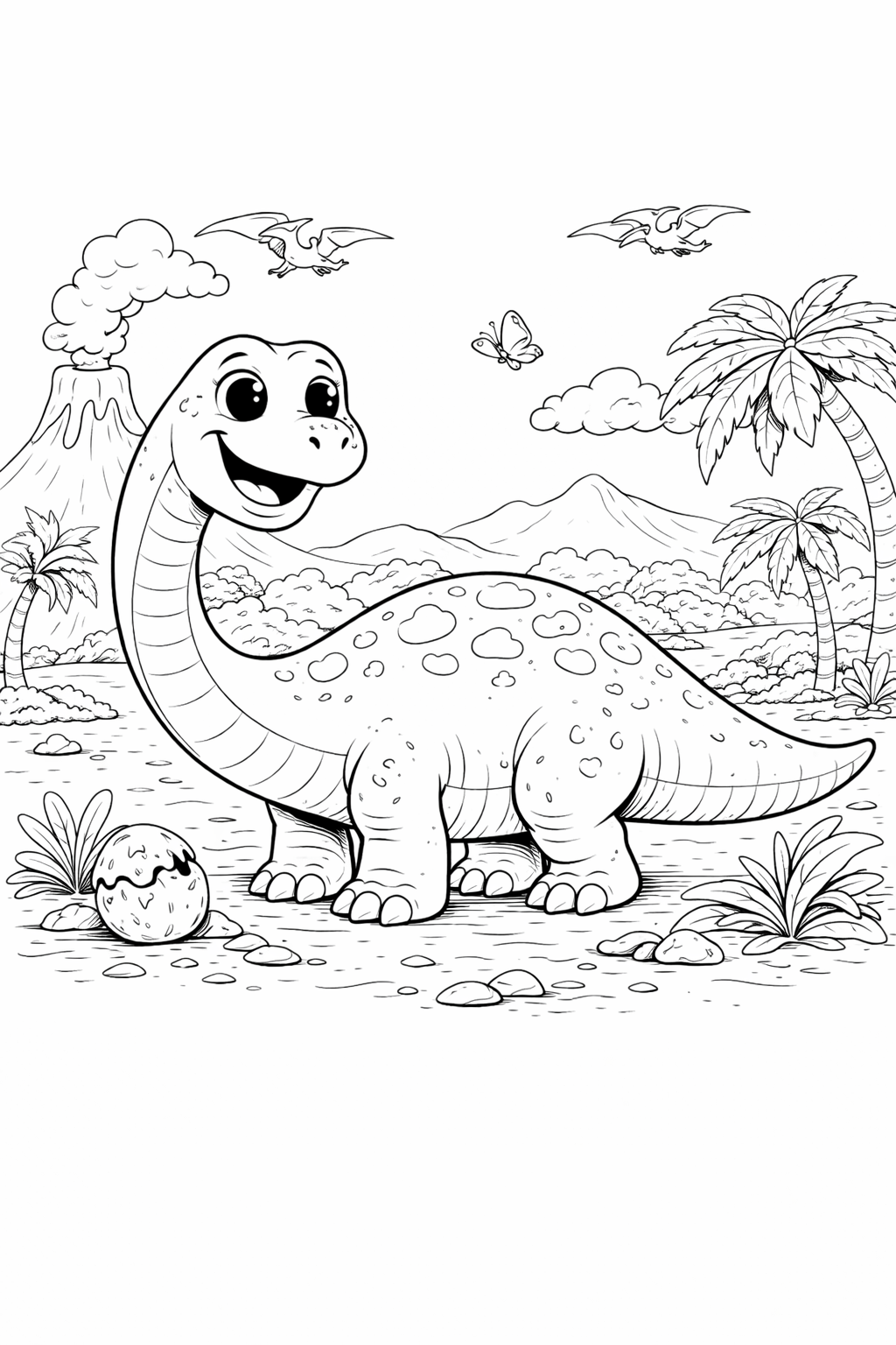 Kleurplaat vrolijke brontosaurus